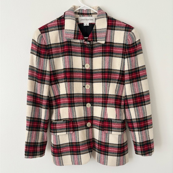 Jones New York Red Cream Green Plaid Button Down Skirt Suit Size 6 - Picture 2 of 10